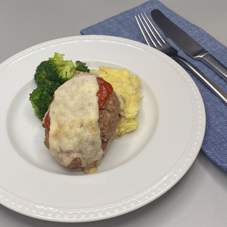 Mini Cheddar Meatloaf with Smashed Potatoes and Broccoli