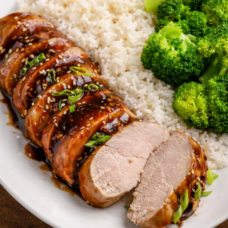 Asian Glazed Pork Tenderloin with Basmati Rice and Vegetables (GF)