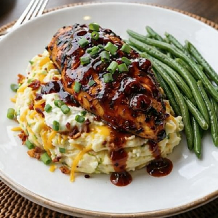 Cherry Chipotle Barbecue Chicken, Loaded Mashed Potatoes and Green Beans (GF)