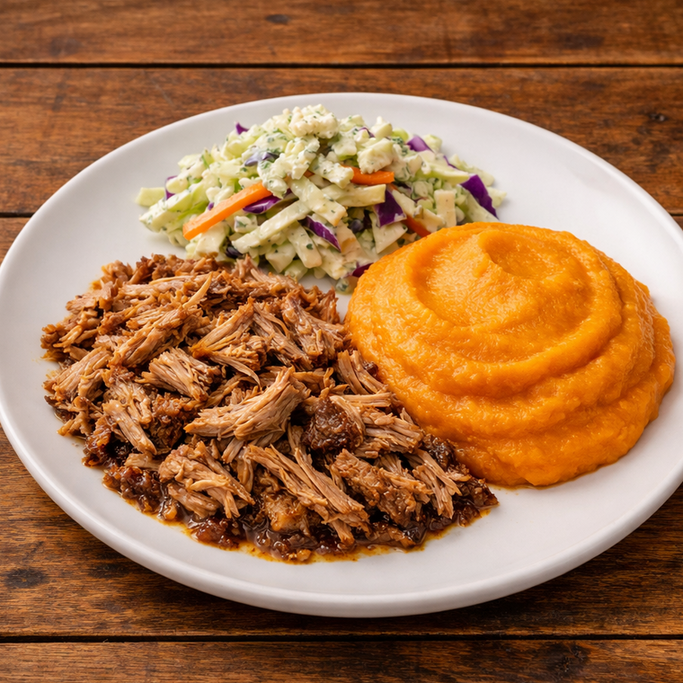 Slow Roasted Pork Shoulder, Whipped Sweet Potatoes and Blue Cheese Coleslaw (GF)