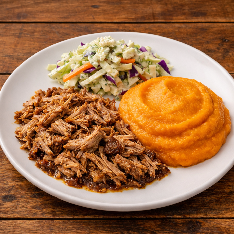 Slow Roasted Pork Shoulder, Whipped Sweet Potatoes and Blue Cheese Coleslaw (GF)