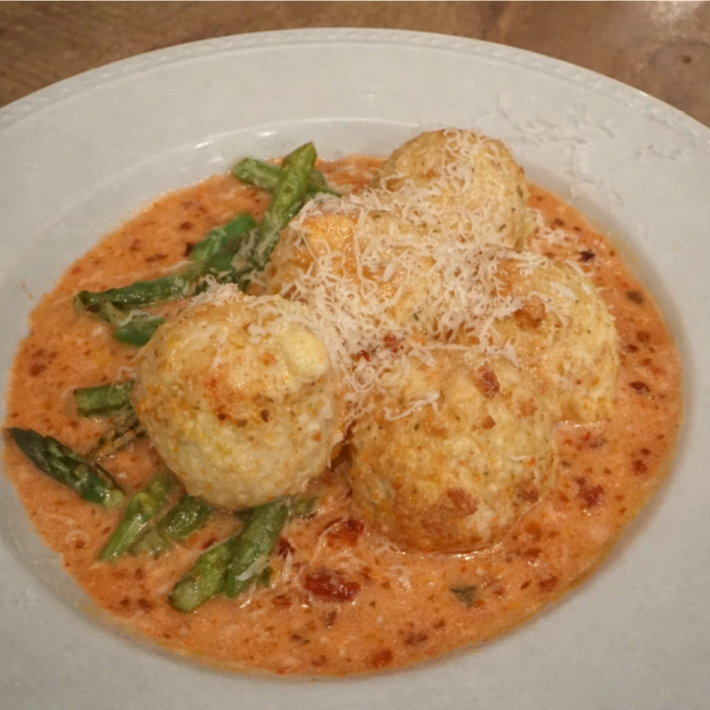 Chicken Meatballs with Orzo, Asparagus and Sun-Dried Tomato Cream Sauce