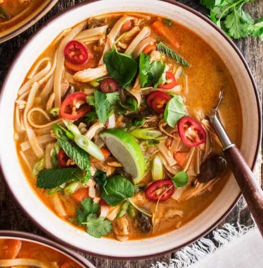 Thai Inspired Chicken and Rice Noodle Soup