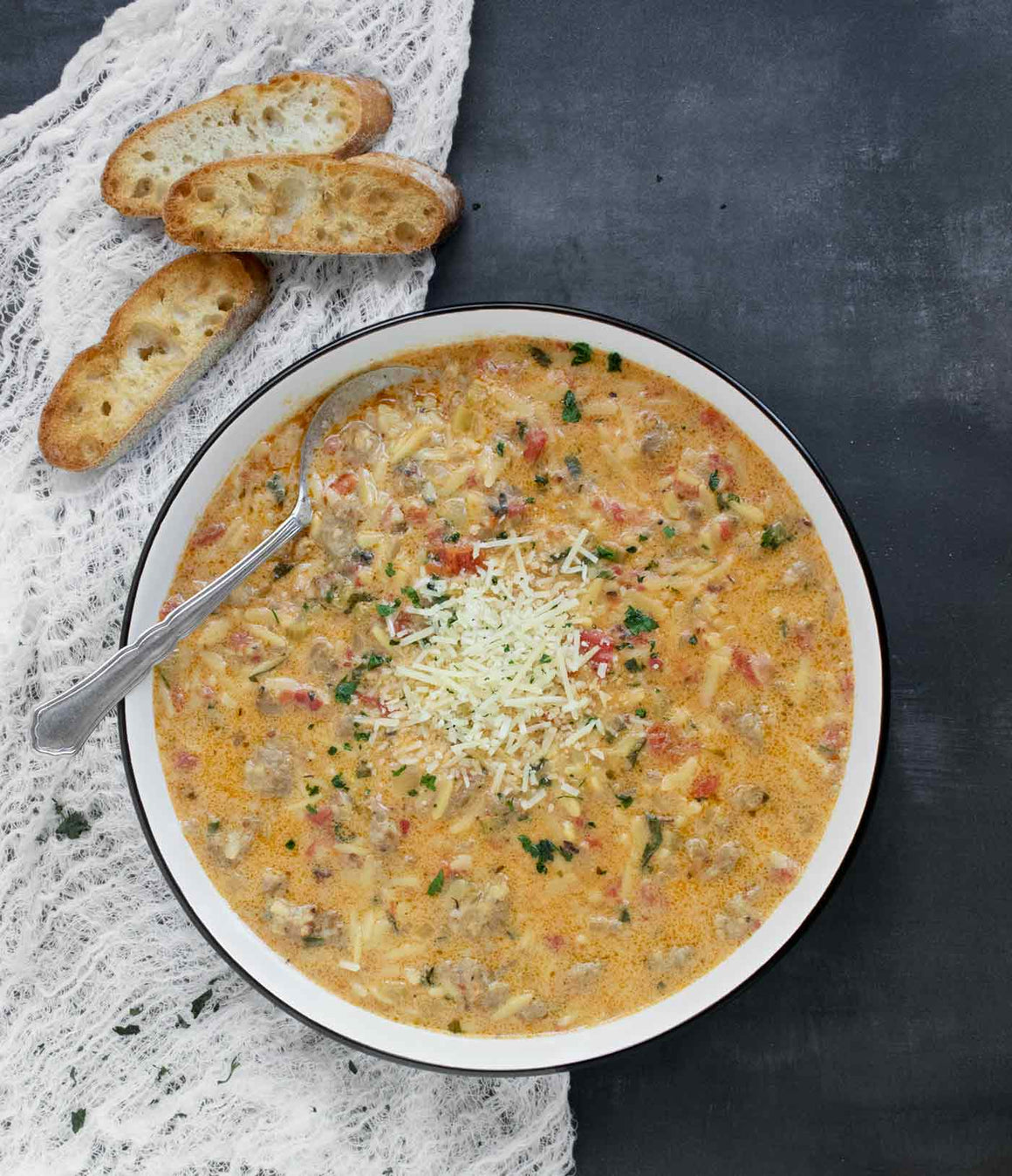 Creamy Sausage, Orzo and Sundried Tomato Soup