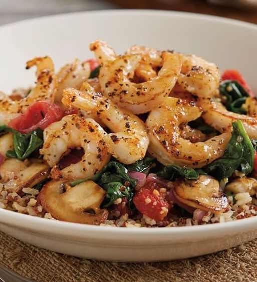 Blackened Shrimp with Quinoa, Mushrooms, Tomatoes and Goat Cheese (GF)